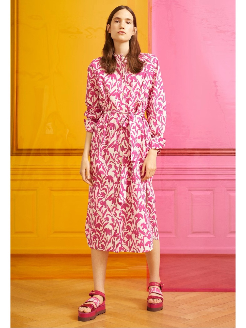 Stine Goya Floral Print Pink Midi Shirt Dress with Tie Waist